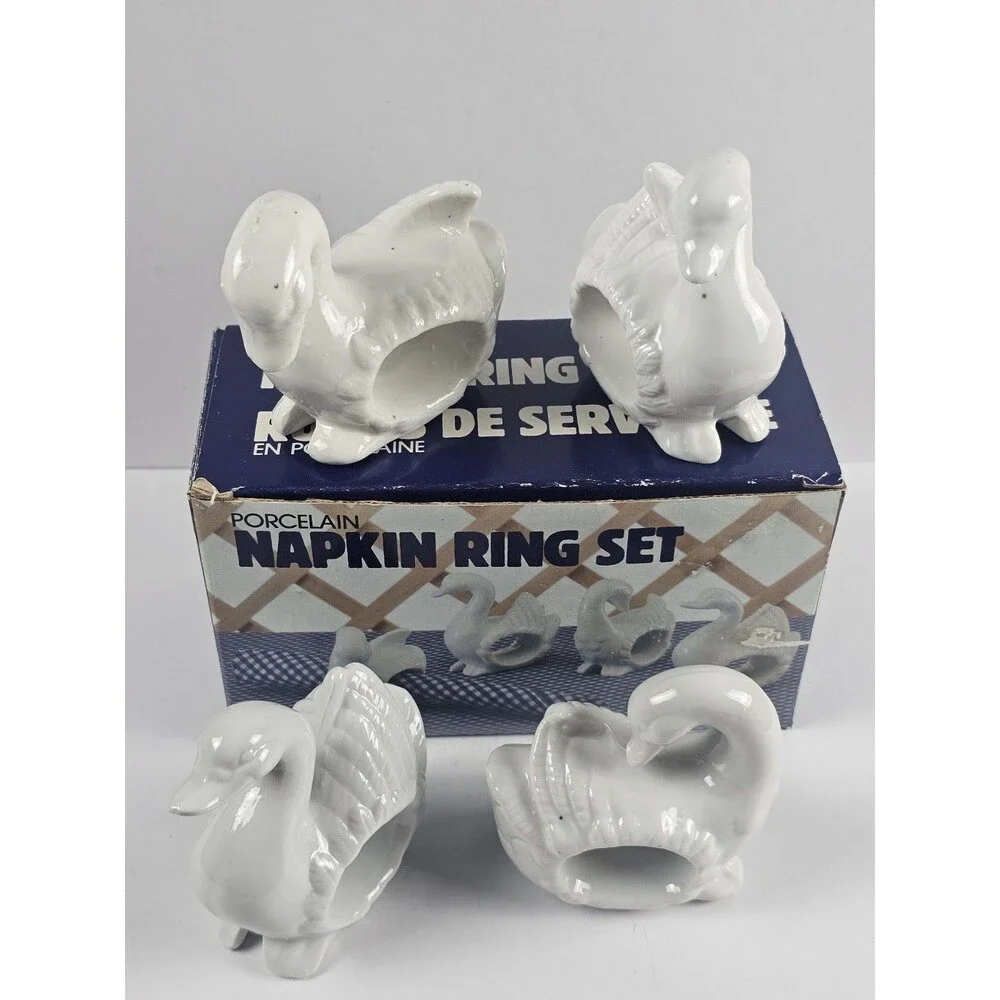 White Duck Goose Swan Porcelain Napkin Rings Holders Vintage set of 4